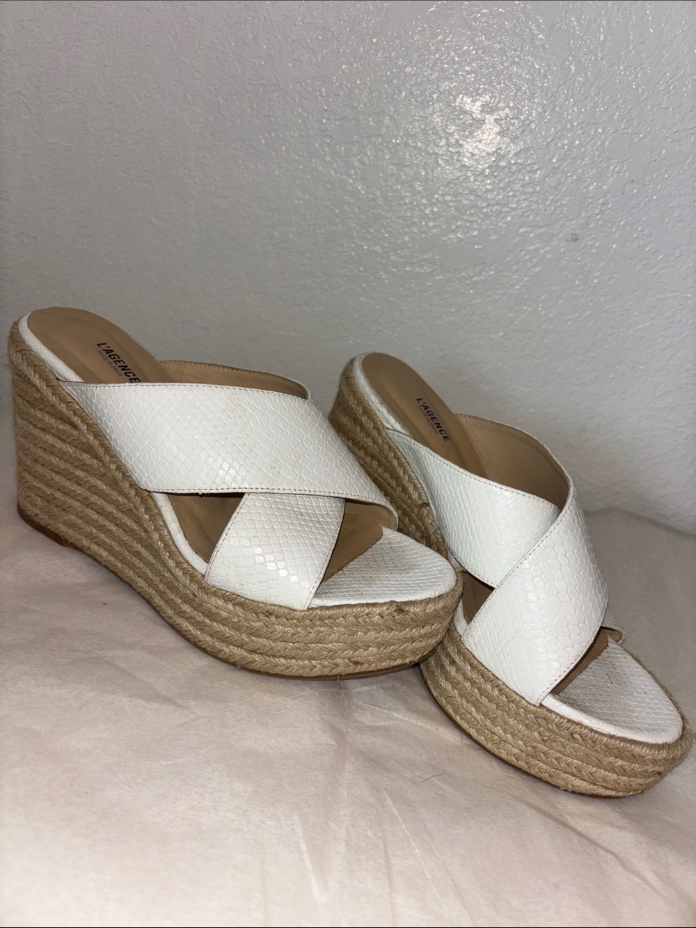 L’agence White Snakeskin Espadrille Platform Wedge Sandals Women’s size 38